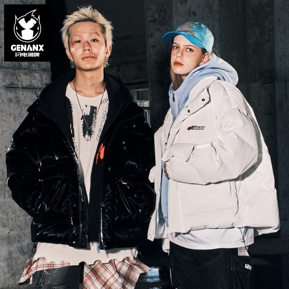 GENANX闪电潮牌冬季潮流新款加厚鸭绒羽绒服立领外套保暖面包服男