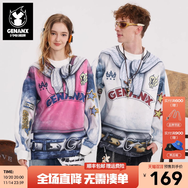 GENANX闪电潮牌2025秋季新款趣味叠穿印花宽松慵懒情侣落肩袖卫衣
