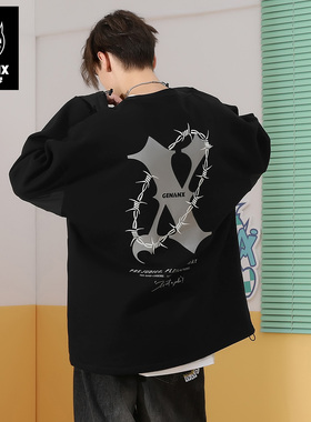 GENANX闪电潮牌冬季新款加绒情侣基础款圆领套头卫衣黑色宽松