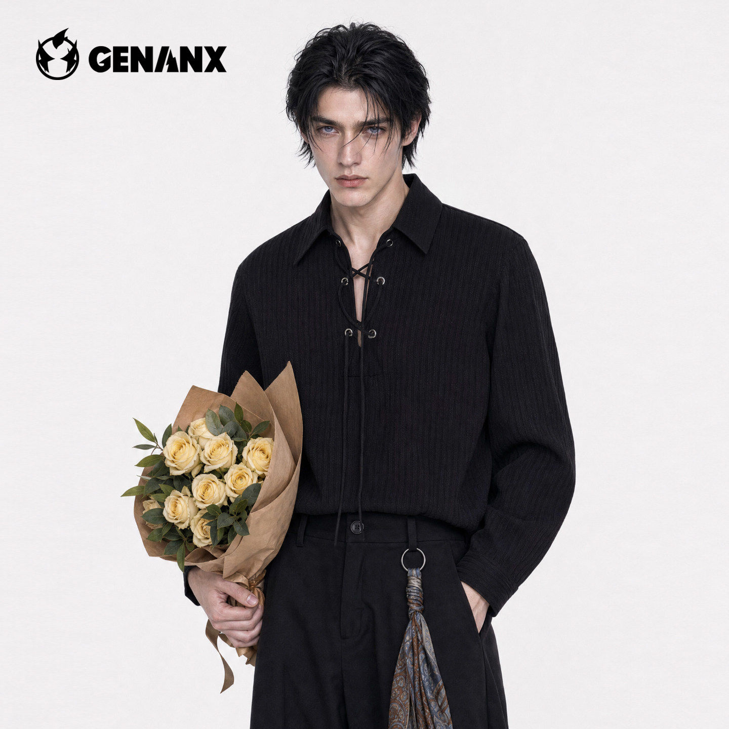 GENANX2026秋装男士长袖黑色衬衫宽松直筒翻领尖领休闲通勤衬衣男