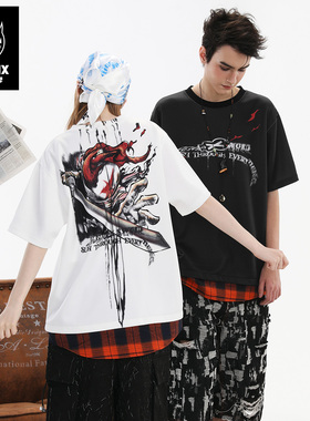 GENANX闪电潮牌2025夏季新款太空棉假两件黑色宽松短袖T恤男学生