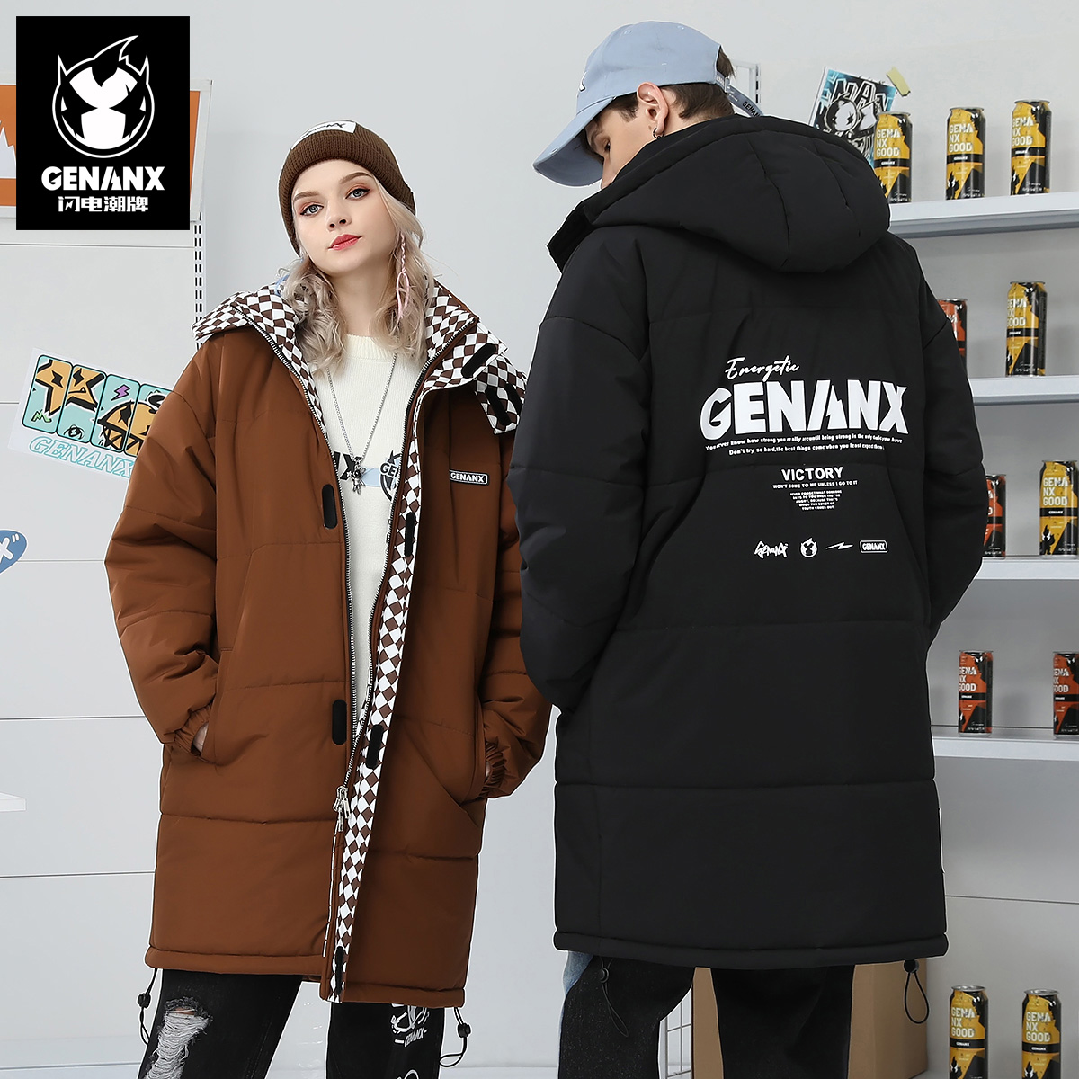 GENANX闪电潮牌印花可脱卸帽棉衣