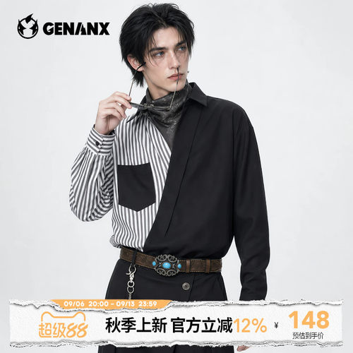 GENANX拼接衬衫男2026秋季新款复古学院风宽松尖领通勤长袖衬衣男