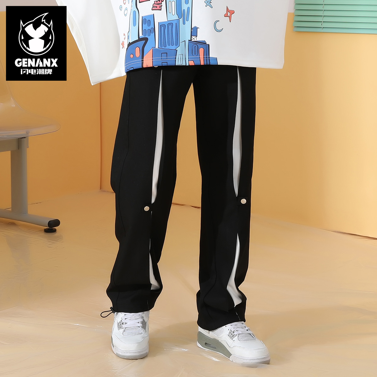 GENANX闪电潮牌黑色直筒运动休闲裤白色垂感裤子男女款春秋季长裤