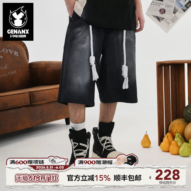 GENANX闪电潮牌2025夏季新款六分裤纯棉宽松大口袋松紧带休闲短裤