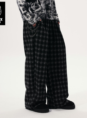 GENANX闪电潮牌2026春季加绒宽松长裤独特潮流格纹印花情侣休闲裤