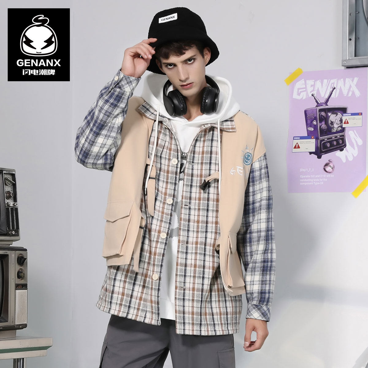 GENANX闪电潮牌格子外套男工装风衬衫异料拼色插扣马甲格纹衬衣