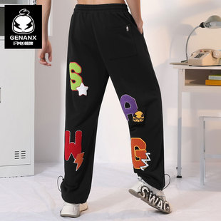 简约风字母绣花宽松纯棉卫裤 新款 男 百搭春季 GENANX闪电潮牌运动裤