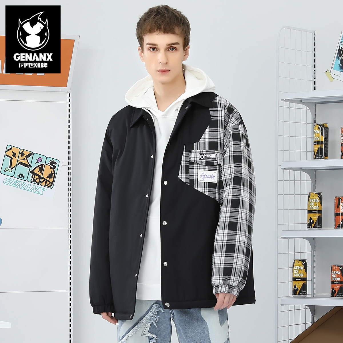 GENANX闪电潮牌撞色格纹印花棉衣