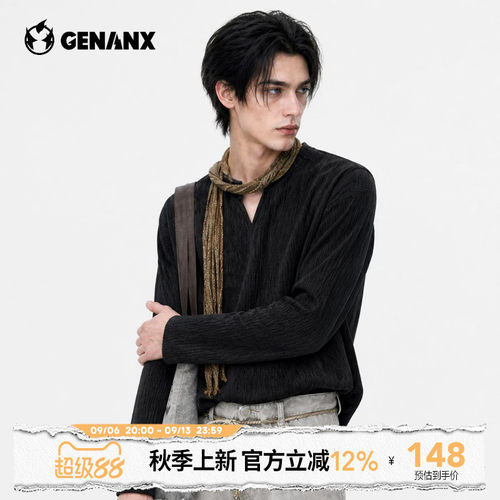GENANX男2026秋新款长袖T恤落肩V领宽松百搭商务休闲青少年显瘦潮