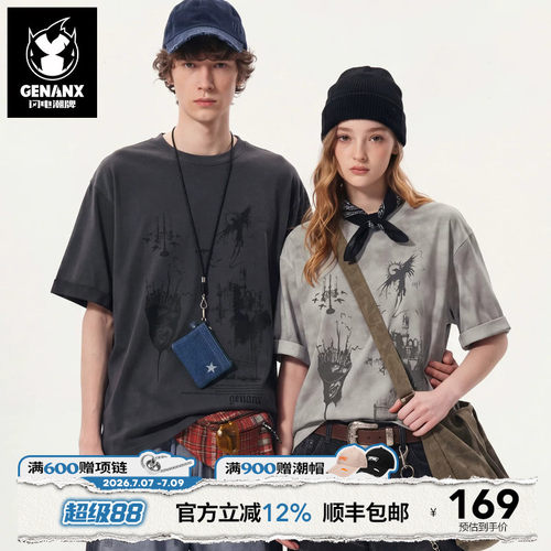 GENANX闪电潮牌扎染短袖暗黑古堡乌鸦印花2026夏季纯棉情侣上衣