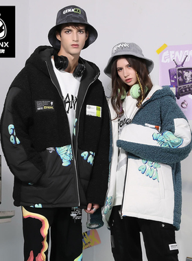 GENANX闪电潮牌连帽泰迪绒棉衣男冬季新款拼色双面穿情侣棉服外套