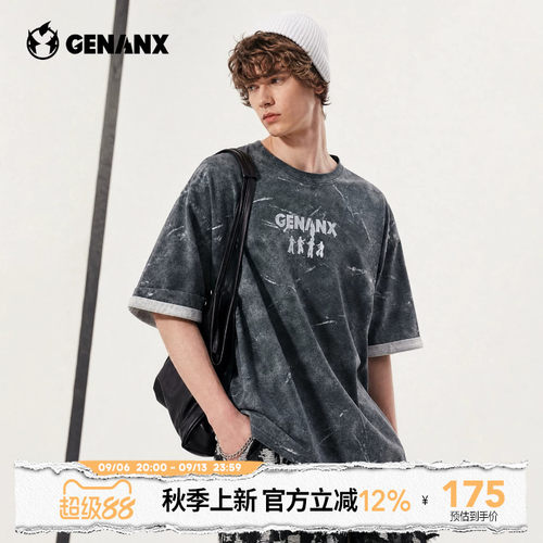 GENANX闪电潮牌水洗扎染短袖2026夏季新款撞色卷边潮字母人像T恤
