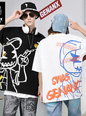 GENANX闪电潮牌2025夏季新品T恤男卡通涂鸦印花纯棉透气吸湿排汗T