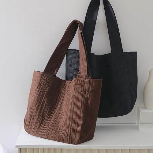 韩版大容量涤纶布褶皱托特包文艺百搭通勤单肩手提布包购物袋女