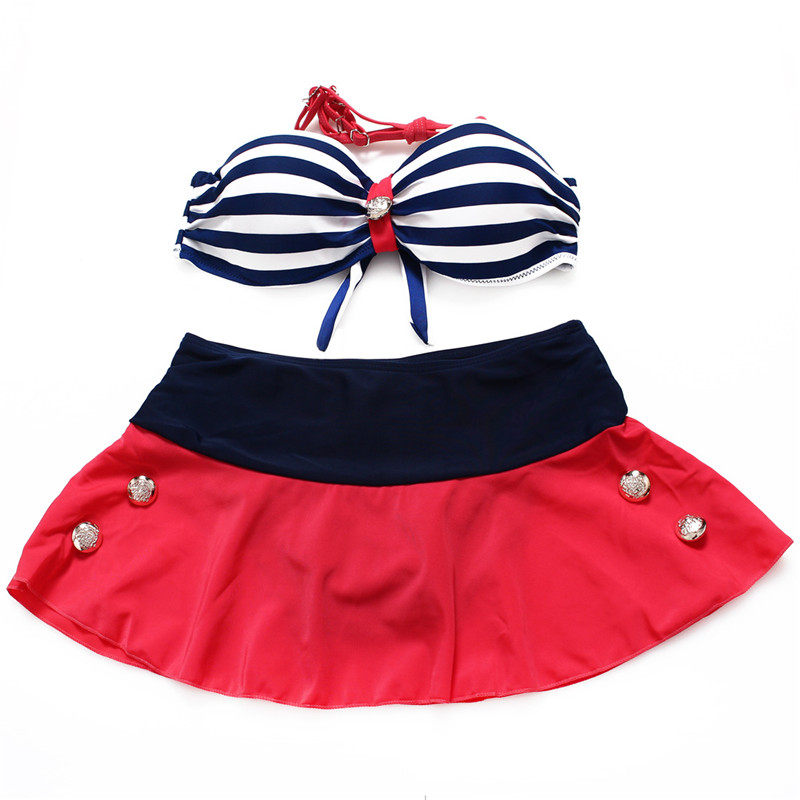 蓝白条低腰裙裤沙滩游泳衣绑带性感小胸聚拢比基尼保守泳衣