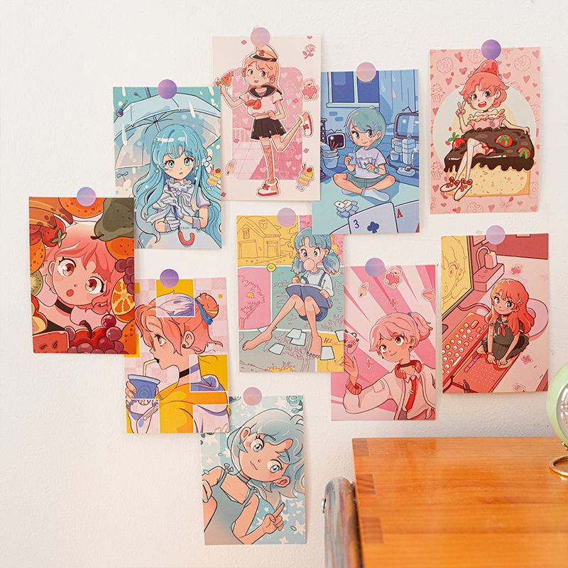 清新少女墙贴卡通人物插画卡片