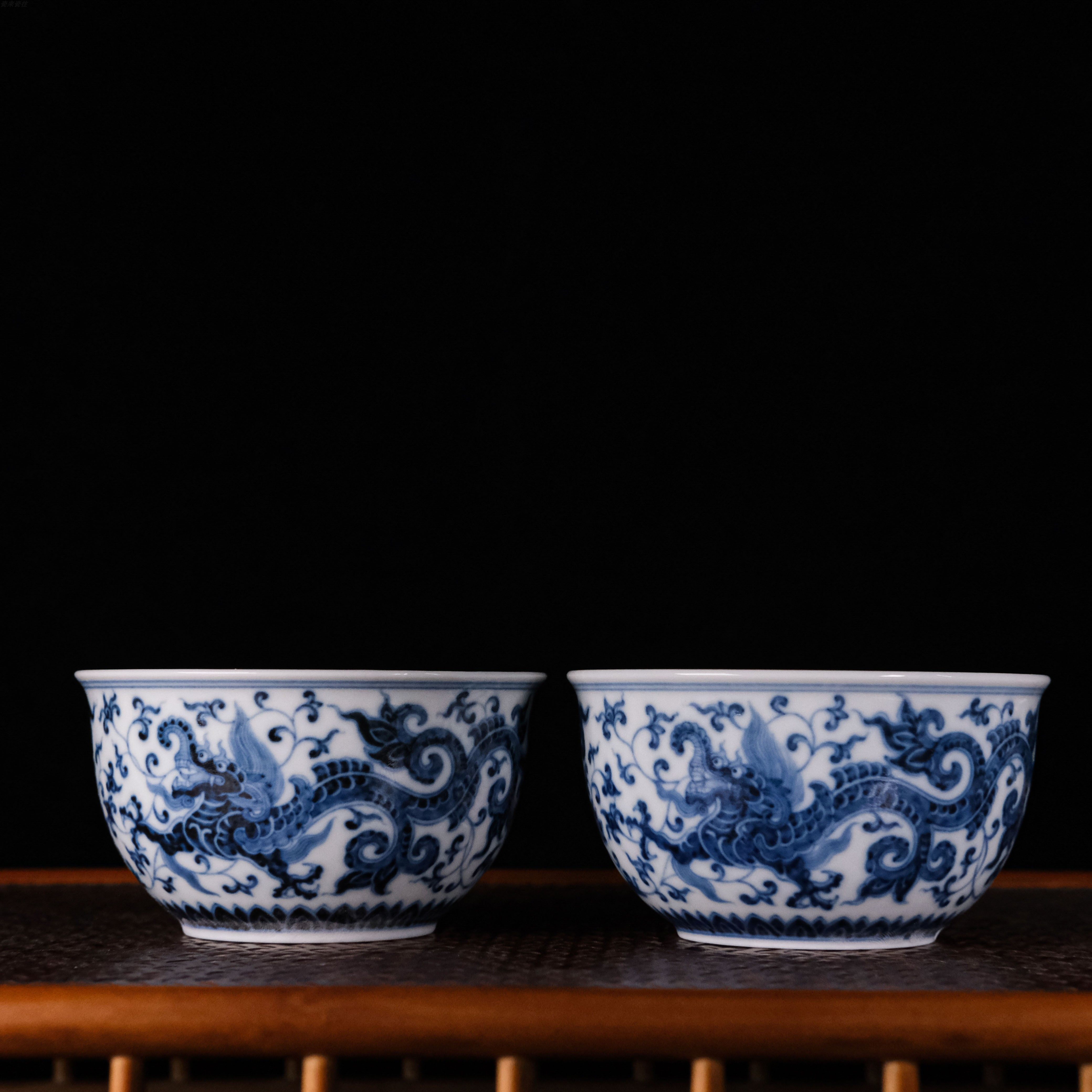 【快雪时晴】景德镇 陶瓷 仿明 青花夔龙纹风水缸杯 内画 主人杯