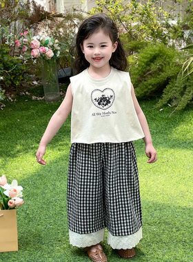 女童夏季黑格阔腿裙裤2026新款女大童时尚休闲长裤儿童夏装裤子