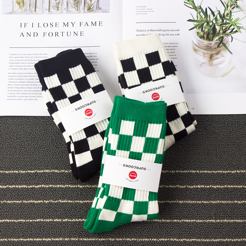 棋盘格袜子加厚男秋冬纯棉毛巾底运动绿色黑白方格冬季暖中筒长袜