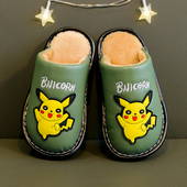 儿童棉拖鞋 PU皮面防水保暖防滑软底中大童女孩室内卡通 男童秋冬季