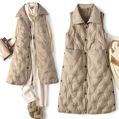 绣花中长款立领轻薄羽绒服马甲女