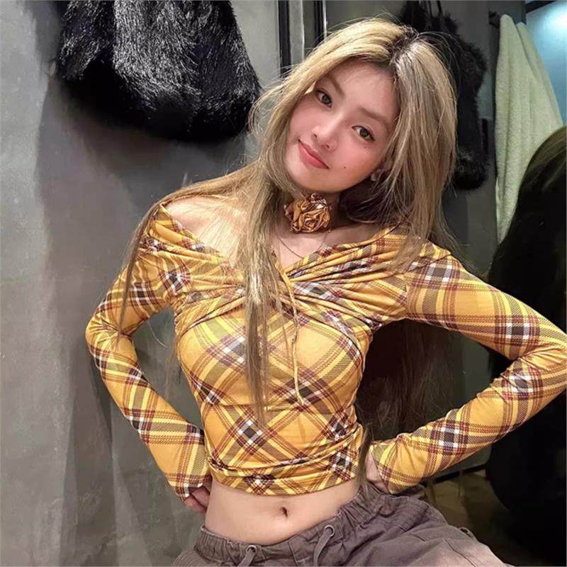 欧美风格子印花交叉露肩长袖t恤