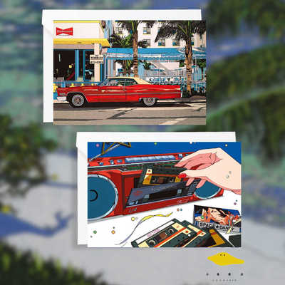 夏日印象 蓝色的风  日本插画沙滩城市浪漫citypop明信片贺卡片