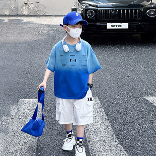 男童短袖t恤2026新款儿童夏季套装大童男孩夏装半袖T炸街痞帅上衣