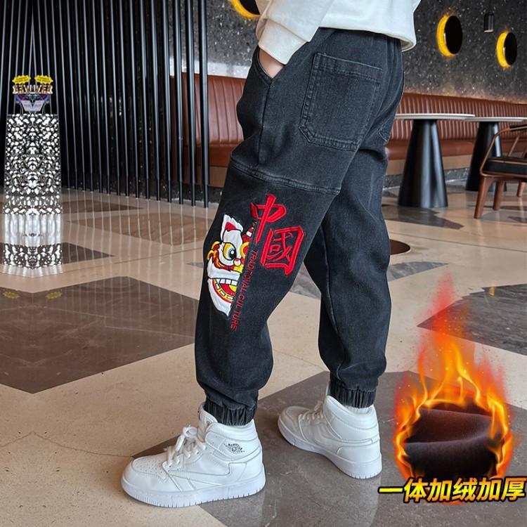 男童裤子牛仔加绒加厚一体绒长裤