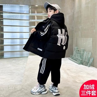 男童冬装套装2025新款秋冬季中大儿童男孩加绒加厚卫衣马甲三件套