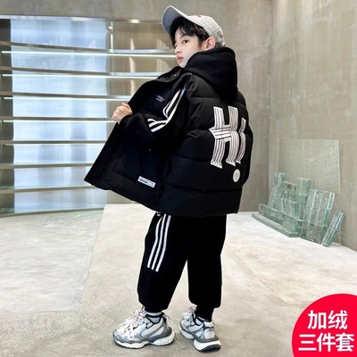 男童套装秋冬季加绒加厚三件套