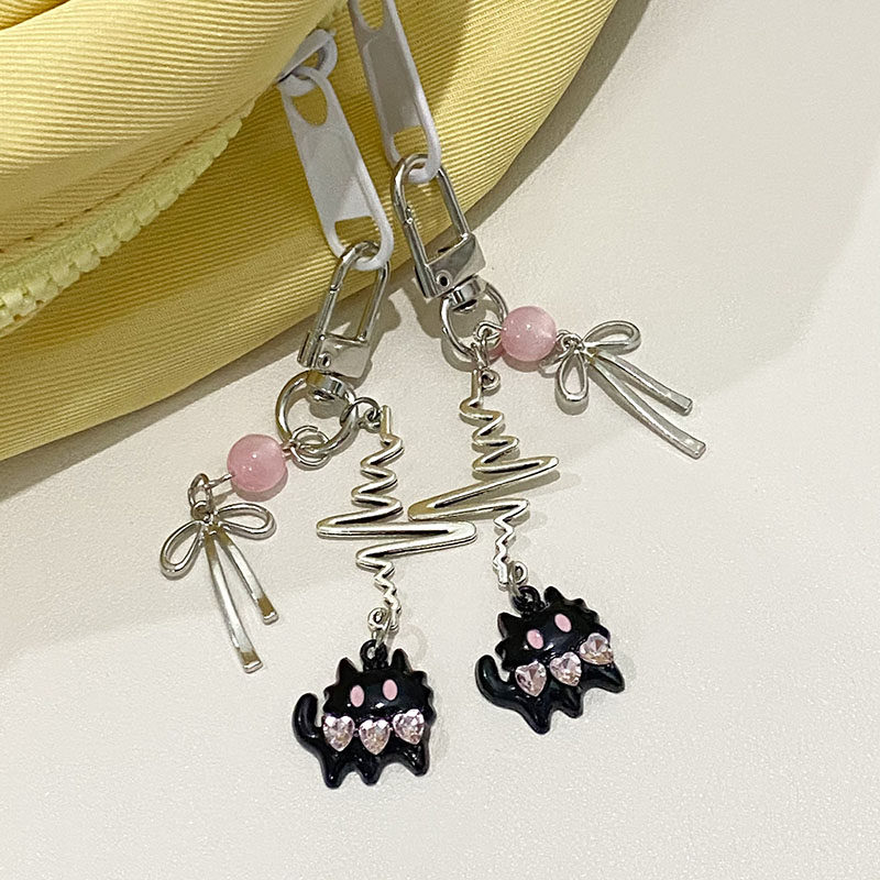 ORIGINAL COUPLE SWEET COOL PINK DIAMOND BLACK CAT KEYCHAIN Y2K ECG HANDMADE COUPLE KEYCHAIN GIRLFRIEND PENDANT
