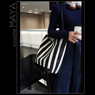 时尚潮流新款野狼部落正品黑白条纹豹纹拼接牛皮大容量托特包单肩