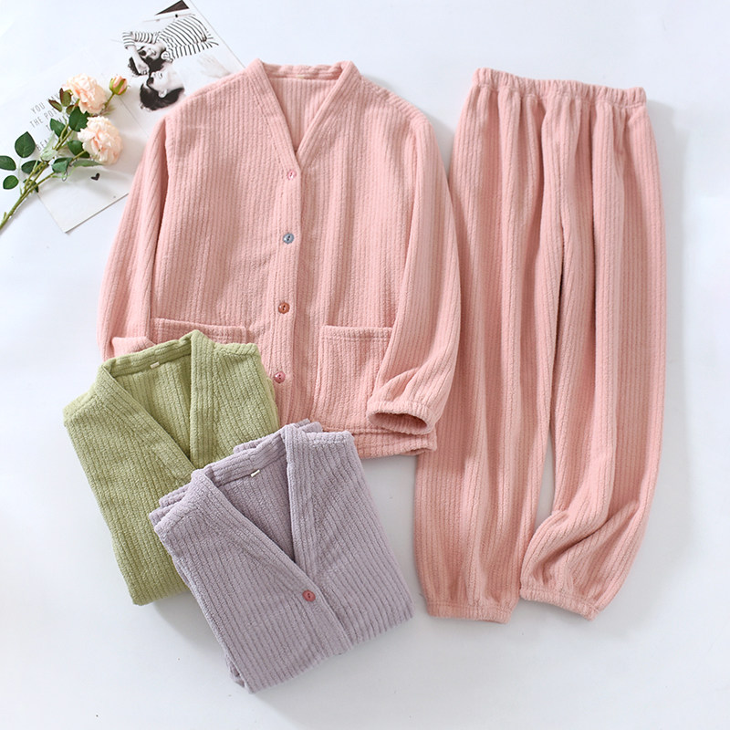 2024新款杨梅绒女士睡衣秋冬季加厚开衫长袖竖条法兰绒家居服套装