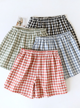 格子水洗棉女士睡裤夏天薄款宽松纯棉棉布可外穿家居裤短裤沙滩裤