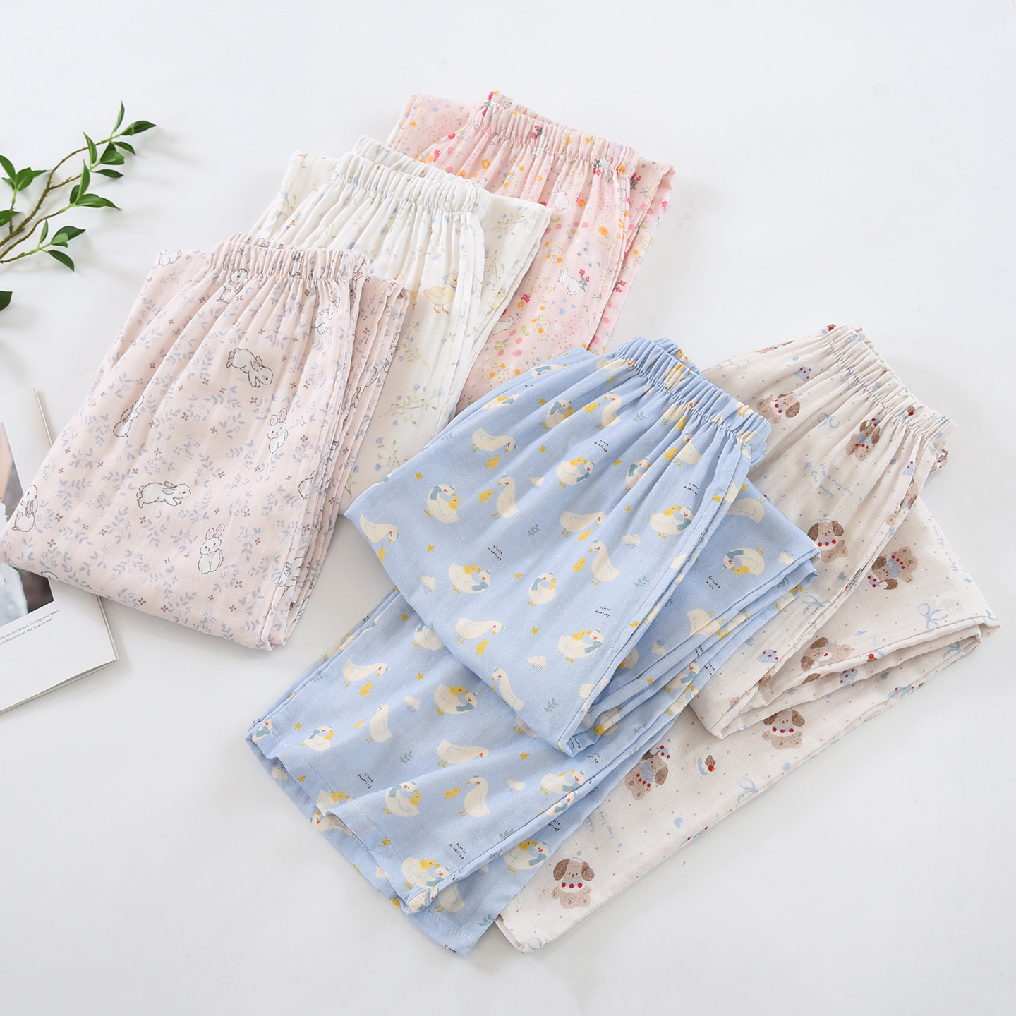 卡通印花纯棉双层棉纱女士睡裤