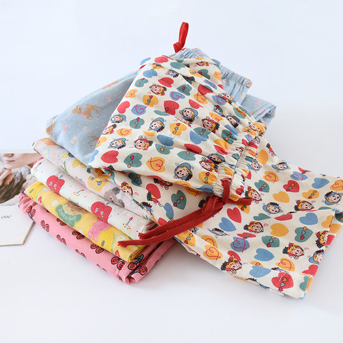 新款甜美卡通女士长裤磨毛纯棉居家裤春秋宽松直筒舒适全棉家居裤