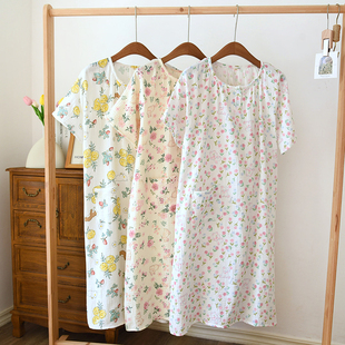 全棉印花睡裙女士夏季 家居服睡衣裙子 纯棉纱布双层薄款 宽松短袖