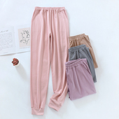 宽松高腰收口束脚休闲家居长裤 纯色针织纯棉女士睡裤 中厚度春秋季