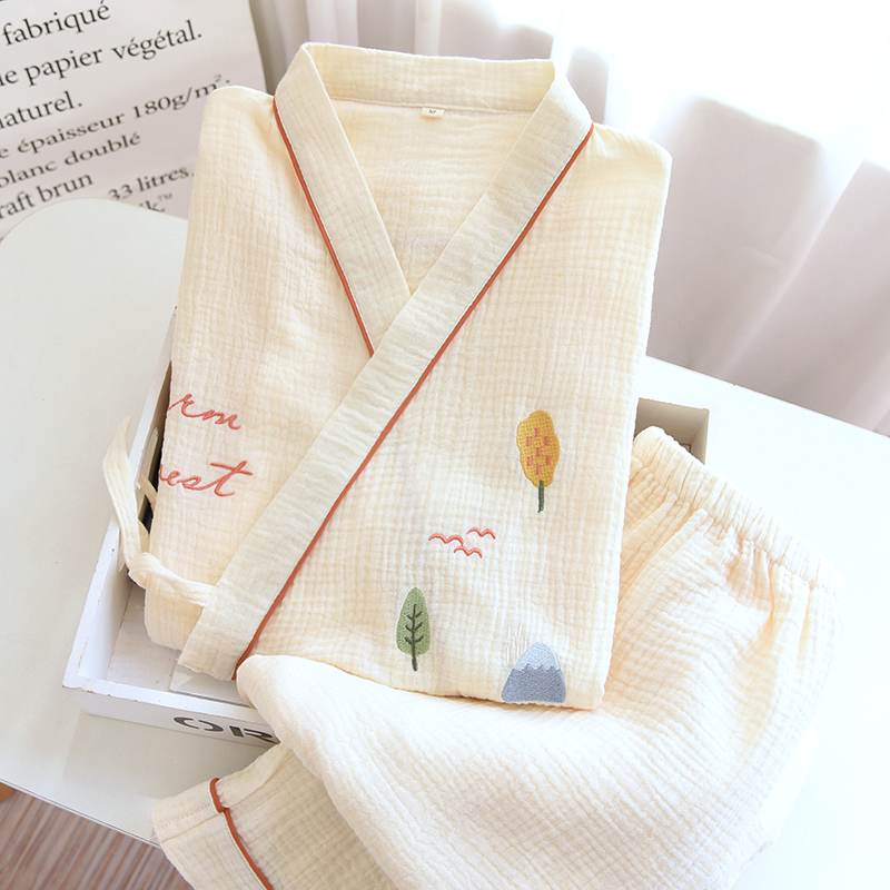 女士纯棉纱布和服家居服套装印花