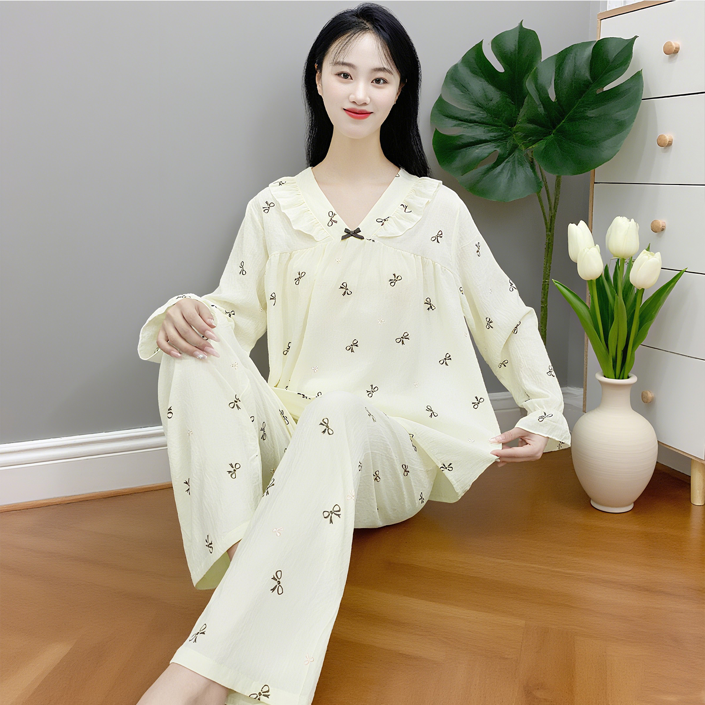 云朵棉春秋季女士睡衣长袖长裤不带胸垫宽松休闲慵懒感家居服套装