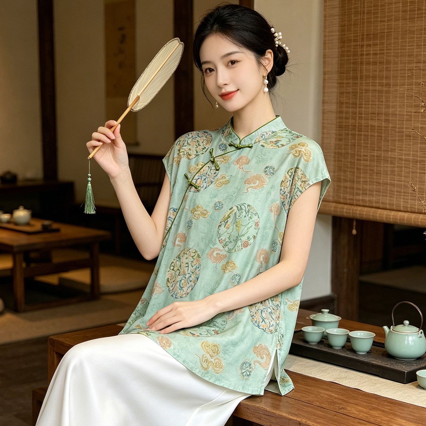 夏季薄款无袖新中式小衫女国风盘扣2026新款衬衫漂亮印花上衣女装