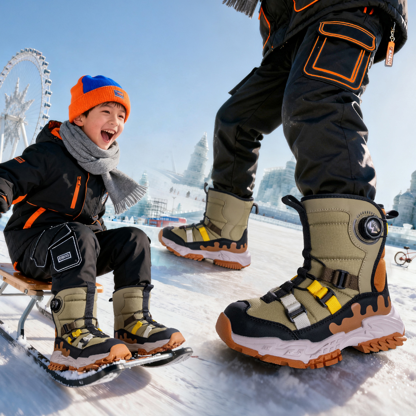 保暖雪地靴儿童加绒加厚防寒靴防水防滑冬季东北男女童旅游大棉鞋