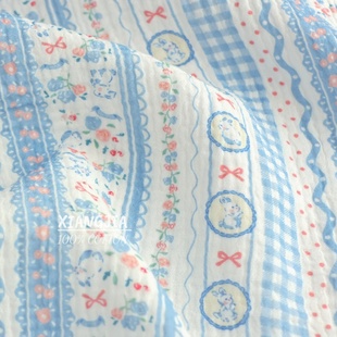 【条纹花边兔子】纯棉双层绉纱 母婴级a类口水巾发圈睡衣浴巾