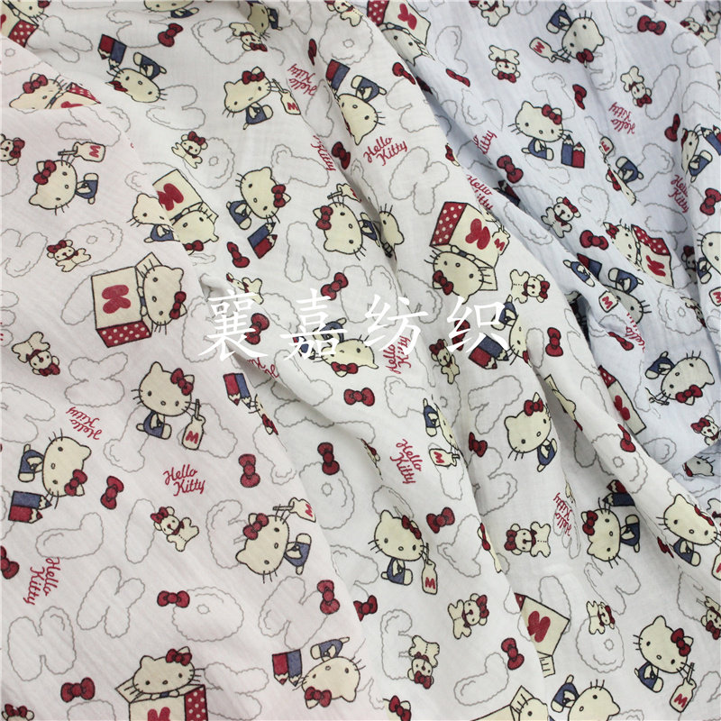 婴儿棉纱布绉布料 卡通Kitty猫 家居服面料