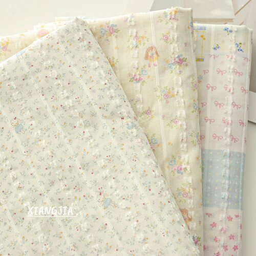 韩系田园风暗纹剪花花朵条纹棉布连衣裙长裙服装diy面料