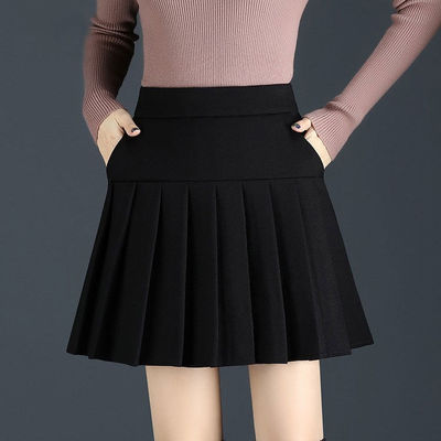 百褶裙带口袋短款黑色2023年新款松紧腰a字加长遮跨垂坠感半身裙