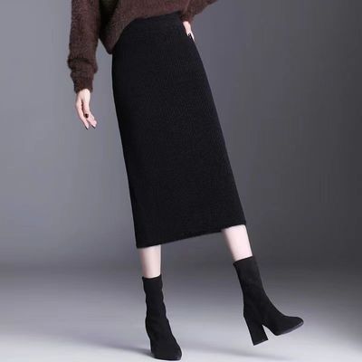 雪尼尔加绒加厚半身裙秋冬新款高腰中长款裙子开叉一步裙冬裙直筒