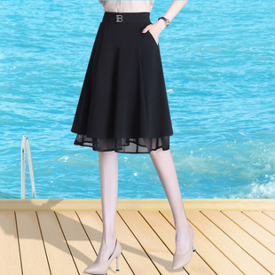 半身裙夏季薄款夏天短裙口袋松紧腰伞裙A字裙高档洋气中年裙子黑